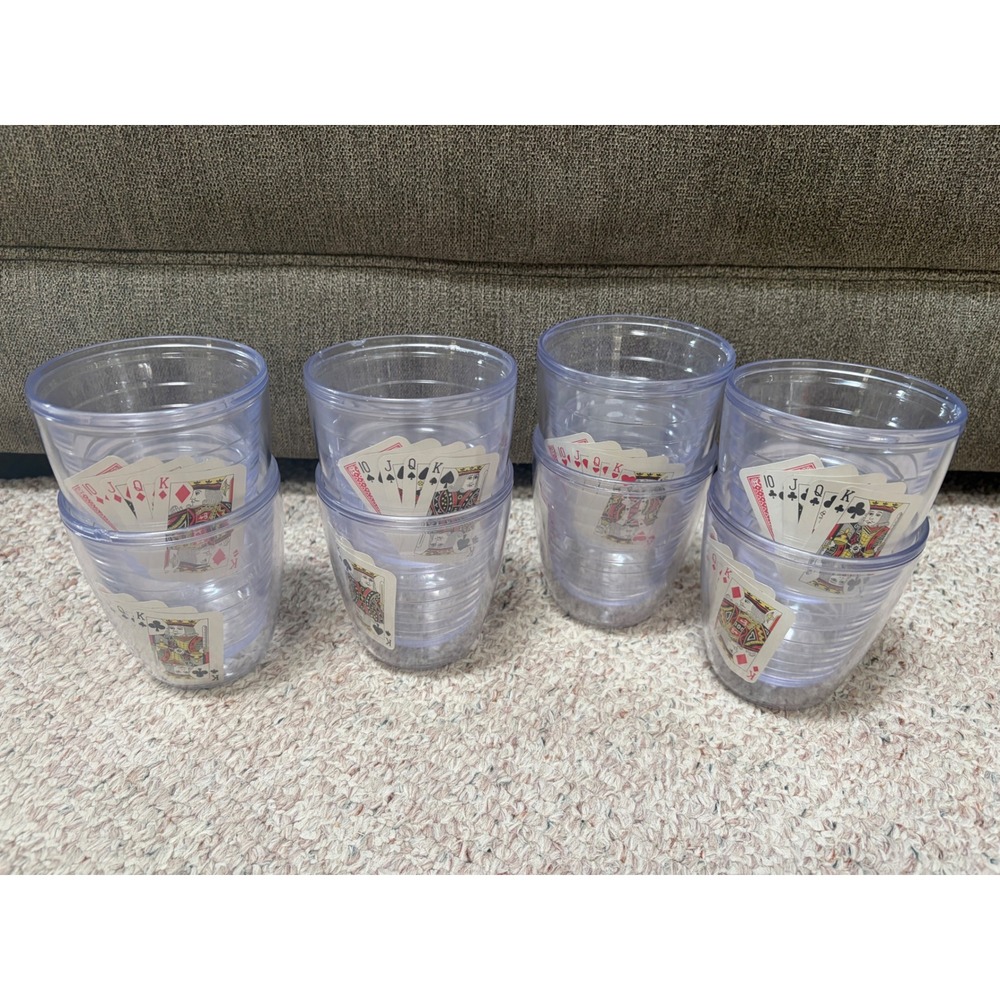 Vintage Set of 8 Playing Card Insulated Tumblers Poker Theme KH Hong Kong Clear
